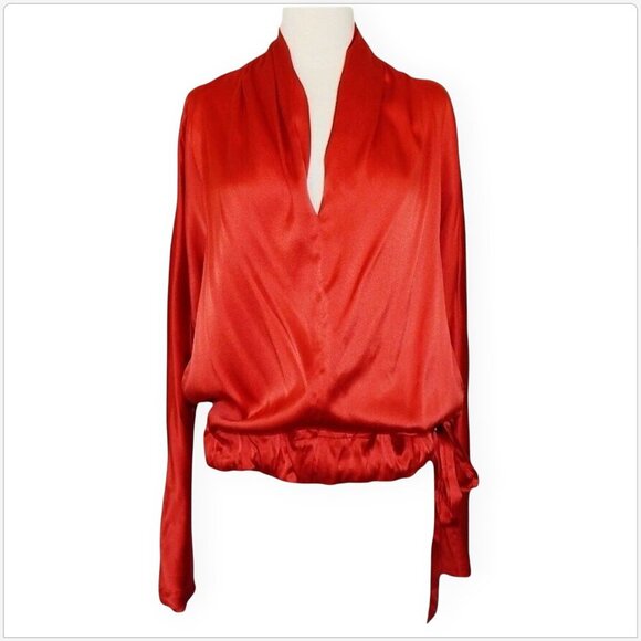 Yoyo Yeung Rust Red Stretch Silk Drawstring Sash Tie Waist Blouson Blouse Top M - Picture 1 of 5